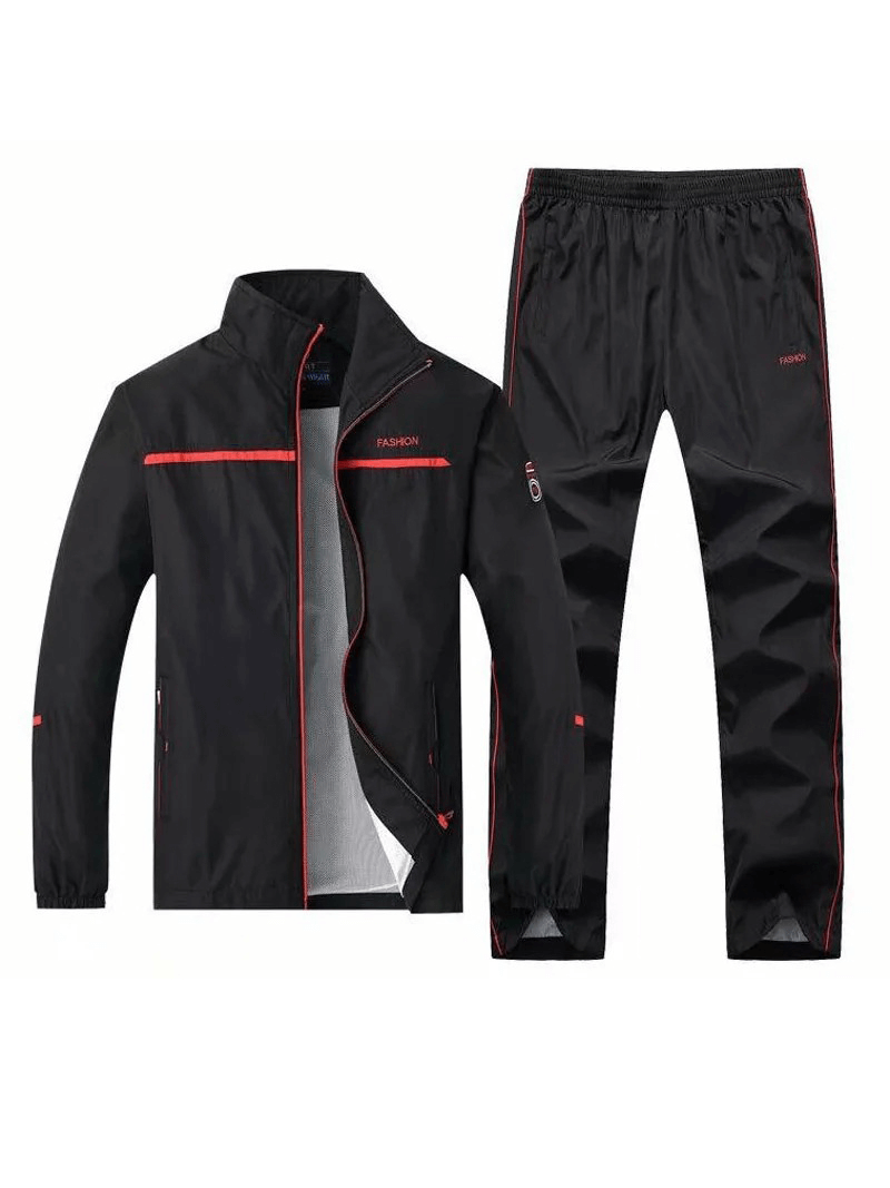 Men's black tracksuit with zip-up jacket and elastic waist pants, stylish print pattern, mandarin collar. SF2037.